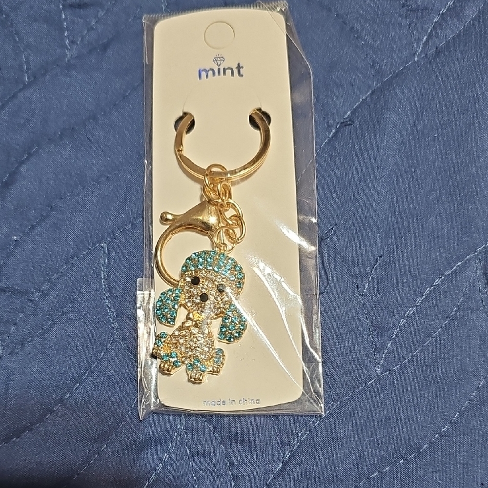 Mint New Sparkling Gold and Blue Dog Keychain Bag Charm